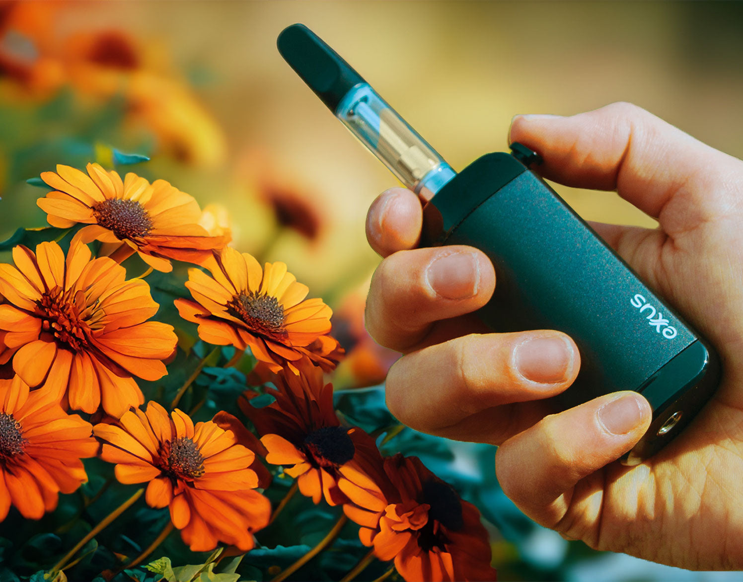 woman holding the Exxus VRS with colorful fall flowers